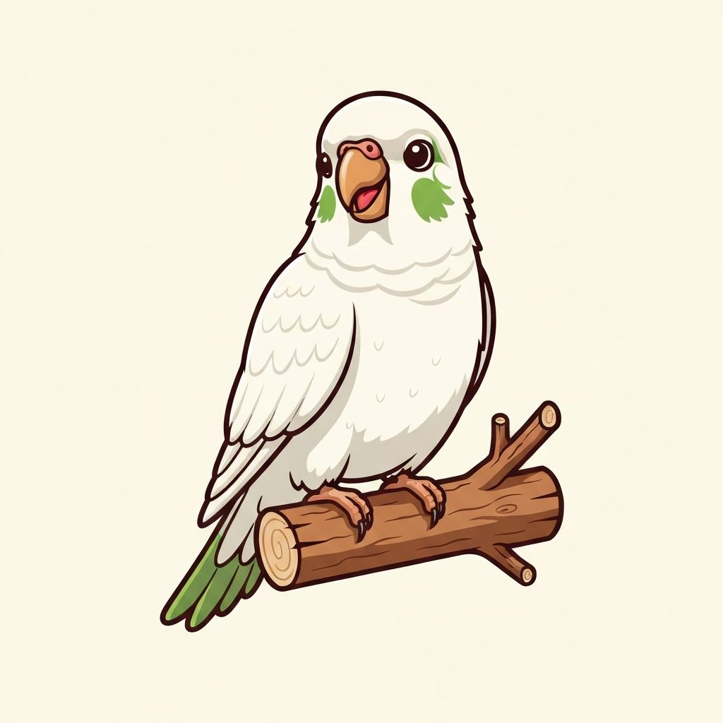 The Happy Perch - smiling white Quaker parrot standing on a natural wood perch