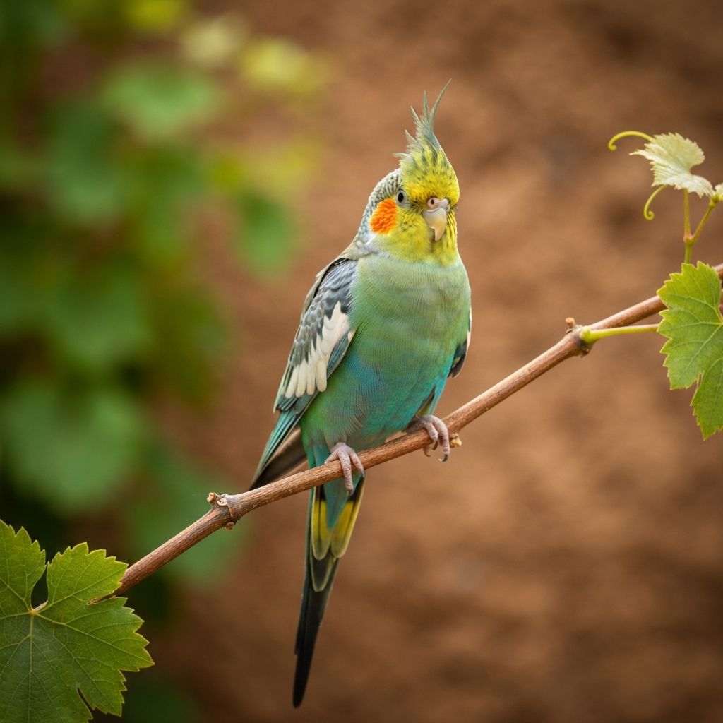 A happy bird perched on a natural grapevine perch