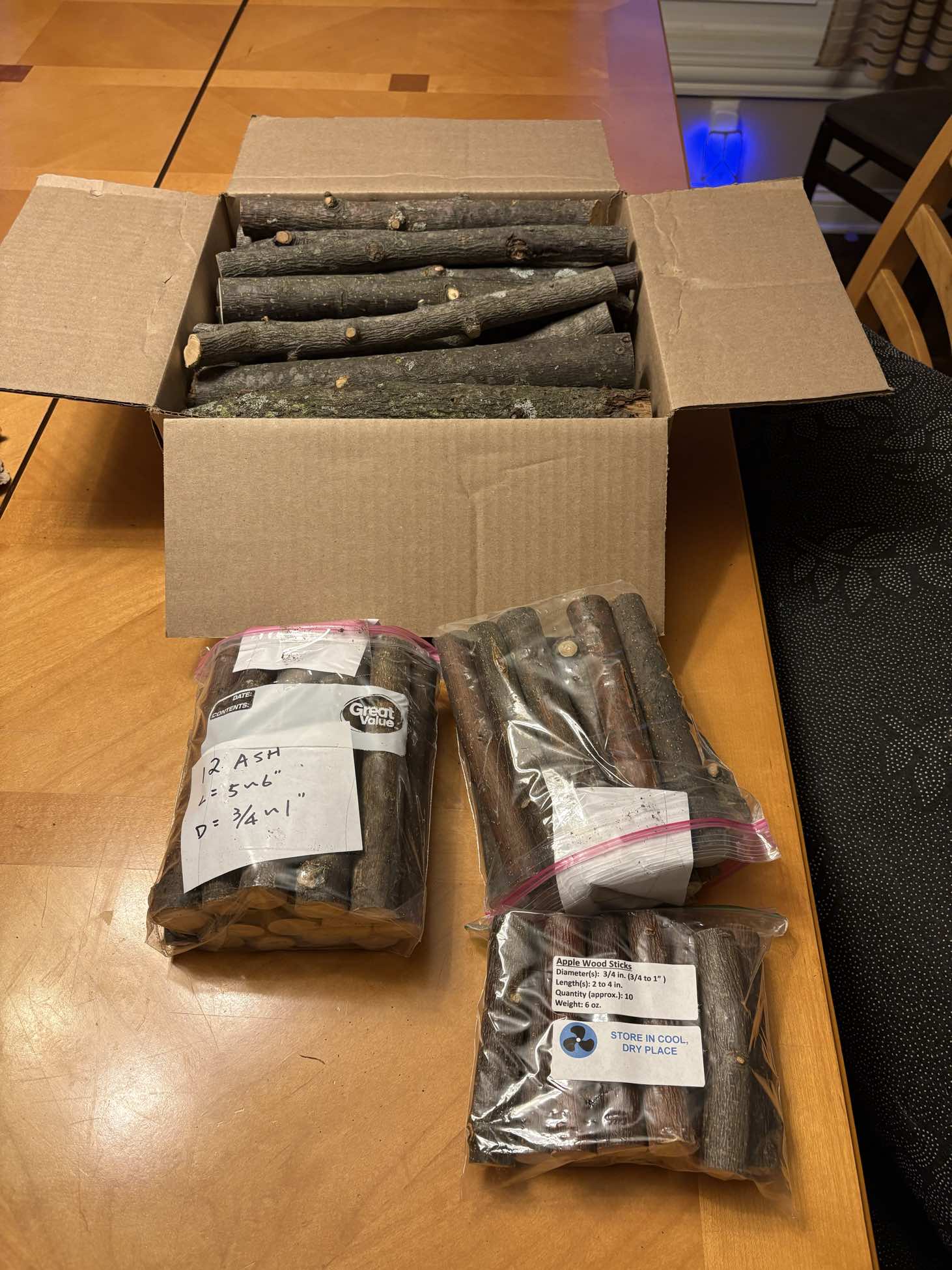 Apple wood and ash chew sticks packaged and ready to ship